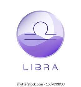 Libra sign vector icon. Zodiac sign encapsulated in violet glass ball with sign name isolated on white background. Vector illustration.