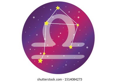 Libra signs, zodiac background. Beautiful and simple vector images in the midst of a starry galaxy with a constellation of Libra in the front of a sphere with the symbol of Libra.