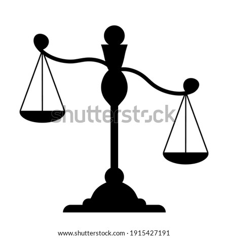 Libra. Silhouette of scales. Weights black icon. Scale tilt, overweight. Isolated element on a white background. Balance, law and justice symbol.