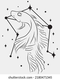 Libra star constellation with line art fish. Simple vector art. Magical black and white artwork.
