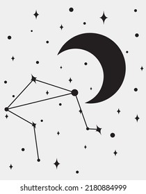 Libra star constellation with moon and stars. Simple minimalistic magical vector art.