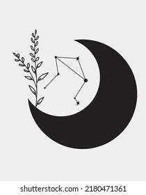 Libra stars constellation, simple vector art. Black moon with simple plant.