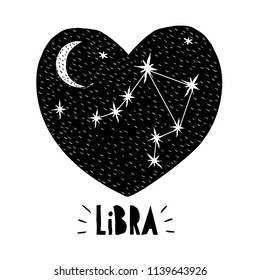 Libra SymbolNaive Hand Drawn Zodiac Vector Illustration. Black Heart on a White Background. Black and White Stars and Moon. Starry Night Sky with Moon and Libra Sign in the Middle of Black Heart. 