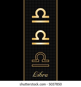 LIBRA SYMBOLS, gold embossed zodiac icons in three styles for the astrology Air Sign, textured black background. EPS8 compatible.