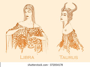 Libra Taurus, astrological horoscope, girls in style of signs of zodiac, icon. Zodiac signs Libra Taurus. Zodiac girl Libra Taurus. Hand drawn Vector illustration. Isolated on background.