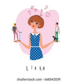 Libra teen girl horoscope sign. Vector illustration. Young woman choosing between two men.