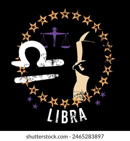 Libra. T-shirt design of the pound symbol along with an Egyptian bird and a scale on a black background.