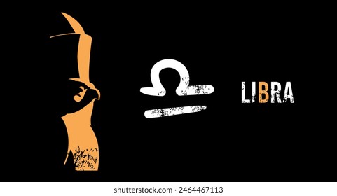 Libra. T-shirt design of the zodiac sign with the Horus bird figure from Egyptian mythology on a black background.