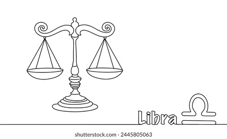 Libra con dos tazas e icono de signo del zodiaco Libra. Vector aislado dibujado a mano.