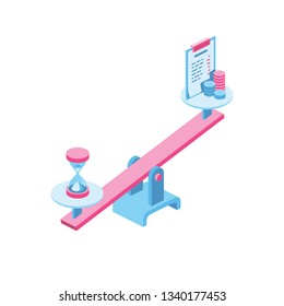 Libra, watch the document and money on scales 3d vector icon isometric pink and blue color minimalism illustrate