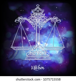 Libra, weigher Zodiac sign. Astrological horoscope collection. White on dark  blue and ultra violet space  background. Vector illustration