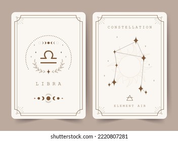 Libra. Tarjetas de brujería con signo de astrología zodiac y constelación. Perfecto para lectores de tarot y astrólogos. Oculta el fondo mágico. Plantilla de horóscopo. Ilustración vectorial al estilo boho.