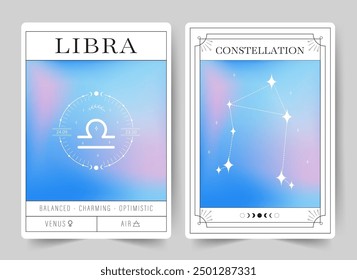 Libra. Witchcraft cards with astrology zodiac sign and constellation. Modern gradient blurred astrology posters in Y2k style. Perfect for tarot readers and astrologers. Vector illustration.