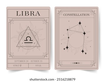 Libra. Witchcraft cards with astrology zodiac sign and constellation. Modern boho astrology posters. Perfect for tarot readers and astrologers. Vector illustration.