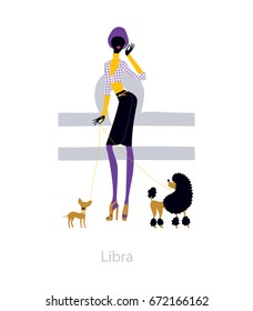 Libra woman horoscope sign. Fashion style woman walking with breed dogs. Vector illustration.