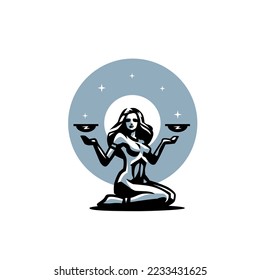 Libra The woman sits on her knees and holds two bowls magically in the air.