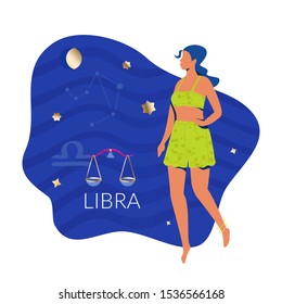 Libra woman zodiac and horoscope concept. Modern vector art with young woman. Illustration for horoscope and astrology apps, dating websites, astrology predictions.