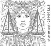 Libra Woman.Astrological Zodiac Sign.Coloring book antistress for children and adults. Illustration isolated on white background.Zen-tangle style. Hand draw