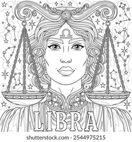 Libra Woman.Astrological Zodiac Sign.Coloring livro antistress para crianças e adultos. Ilustração isolada no estilo background.Zen-tangle branco. Desenho da mão