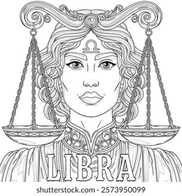 Libra Woman.Astrological Zodiac Sign.Coloring book antistress for children and adults. Illustration isolated on white background.Zen-tangle style. Hand draw