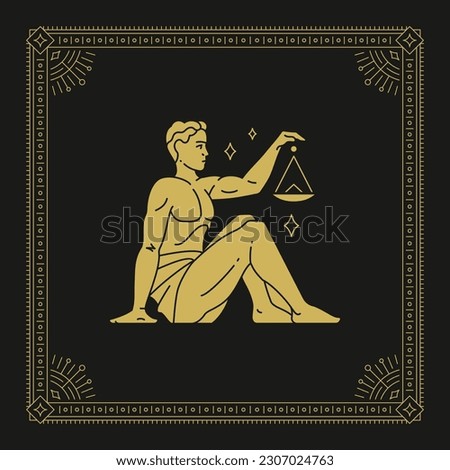 Libra zodiac antique man esoteric scales balance mythology horoscope line art deco vintage card design vector illustration. Scales astrology lunar calendar celestial constellation fashion artwork