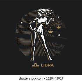 Libra. Zodiac, astrology, stars. Woman holding scales in her hands.