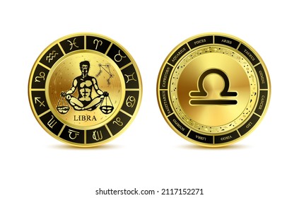 Libra zodiac coin isolated on a white background. Witchcraft astrology for zodiac constellations. Modern magic divination. Gold coins sign. Realistic 3D vector EPS10 illustration.