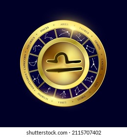Libra zodiac coin. Witchcraft astrology for zodiac constellations. Modern magic divination. Gold coins sign isolated on a blue background esoteric. Realistic 3D vector EPS10 illustration.