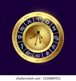 Moneda de Libra Zodiac. astrología de brujería para constelaciones de zodiaco. La divinidad mágica moderna. Las monedas de oro firman aisladas sobre un fondo azul esotérico. Ilustración de EPS10 vector 3D realista.