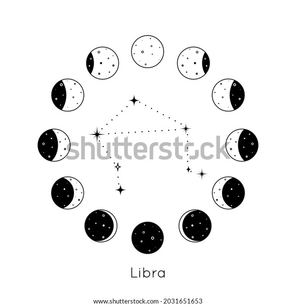 Libra\
zodiac constellation inside circular set of Moon phases. Black\
outline silhouette of stars. Vector\
illustration