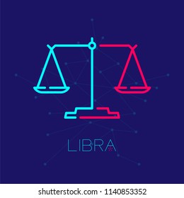 Libra Zodiac constellation logo icon outline stroke set dash line design illustration isolated on dark blue background with libra text and copy space