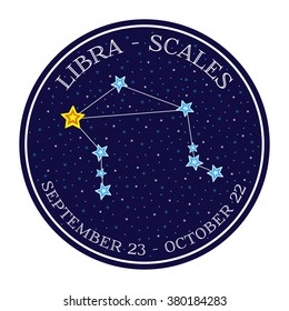 Libra zodiac constellation in space. Cute cartoon style vector illustration. Round emblem with zodiac sign name and dates