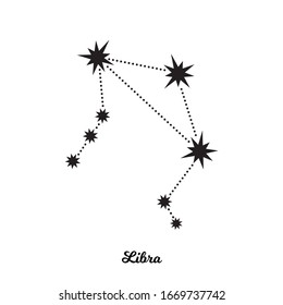 Constelación de Libra Zodiaco. Ilustración vectorial en estilo minimalista. El símbolo del horóscopo astrológico. Estrellas negras de fondo blanco. Signo vectorial monocromo