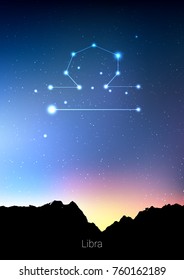 Libra zodiac constellations sign with forest landscape silhouette on beautiful starry sky with galaxy and space behind. Libra horoscope symbol constellation on deep cosmos background. Card design