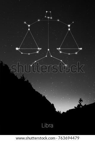 Libra zodiac constellations sign with forest landscape silhouette on beautiful starry sky with galaxy and space behind. Libra horoscope symbol constellation on deep cosmos background. Card design