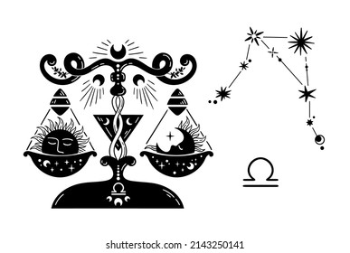 Libra zodiac hand drawn sign isolated clipart on white, unique astrology symbol and constellation, mystical horoscope sign in black silhouette, modern vector