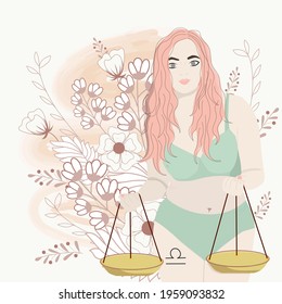 Libra of zodiac and horoscope concept, vector art and illustration. Body positive. Astrological sign as a beautiful women.