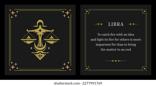 Libra zodiac horoscope fortune description vintage card design template set vector illustration. Astrological scales sacred mythology crescent all seeing eye future prediction magic lunar calendar