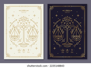 Libra zodiac horoscope golden signs on dark navy and white cards set. Stylized symbols of esoteric, zodiacal astrological calendar, horoscope constellation, cover design thin line vector illustration