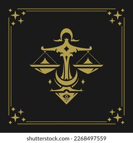 Libra zodiac horoscope seña diseño dorado vintage lunar elegante marco estrella ilustración vectorial. Escala constelación astral mithología celestial afiche astrología elegante ornamento decorativo esotérico