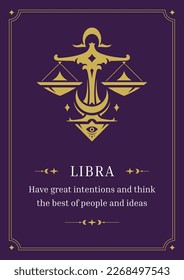 Libra zodiac horoscope symbol vintage purple poster with description design template vector illustration. Scales astrological sign weight half moon crescent mythology elegant decor antique frame