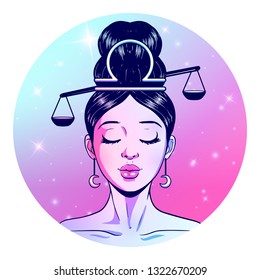 Libra zodiac sign artwork, beautiful girl face, horoscope symbol, star sign, vector illustration