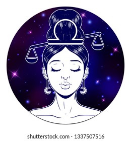 Libra zodiac sign artwork, beautiful girl face, horoscope symbol, star sign, vector illustration