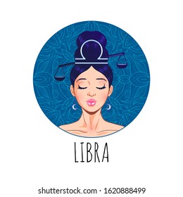Libra zodiac sign artwork, beautiful girl face, horoscope symbol, star sign, vector illustration