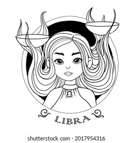 Libra Zodiac sign. Astrological black-white icons. A set of pretty girls with different hairstyles. Astronomy. Vector illustration isolated on white background.