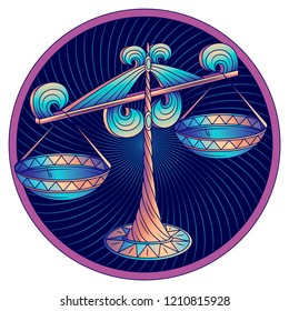 Libra zodiac sign, astrological, horoscope symbol. Futuristic style icon. Stylized graphic blue scales is decorated with the ornate decor and geometric pattern on the scale pans. Vector illustration.