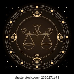 Libra zodiac sign, astrological horoscope sign in a mystical circle with moon, sun and stars. Golden design, vector	
