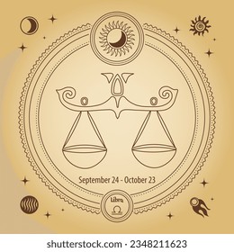 Signo de Libra Zodiac, signo de horoscopio astrológico. Dibujo de esquema en un círculo decorativo con símbolos astronómicos místicos. Vector