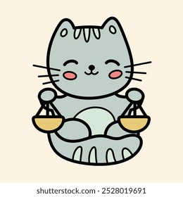 Libra zodiac sign, astrology horoscope sign, vector illustration of a cute cartoon kitten holding weighing scale