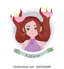 Libra Zodiac sign as a beautiful girl with lush hair. Set of bright signs of the zodiac. Horoscope. Astronomy. Vector illustration isolated on white background.